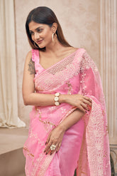 Neon Pink Pure Organza Embroidery Work Saree